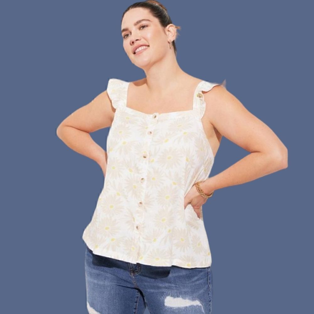 4X 26W Tan Torrid Daisy Double Gauze Ruffle Button Front Tank Top Square Neck Su